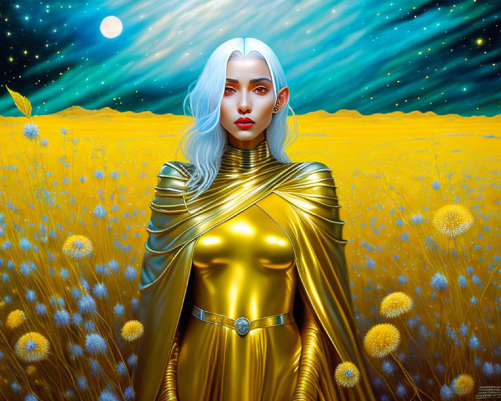 Digital artwork of woman with white hair in golden attire in blooming yellow field under starry sky with