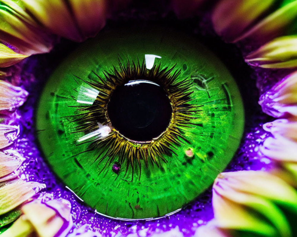 Vivid green eye with black pupil and purple petals in close-up view