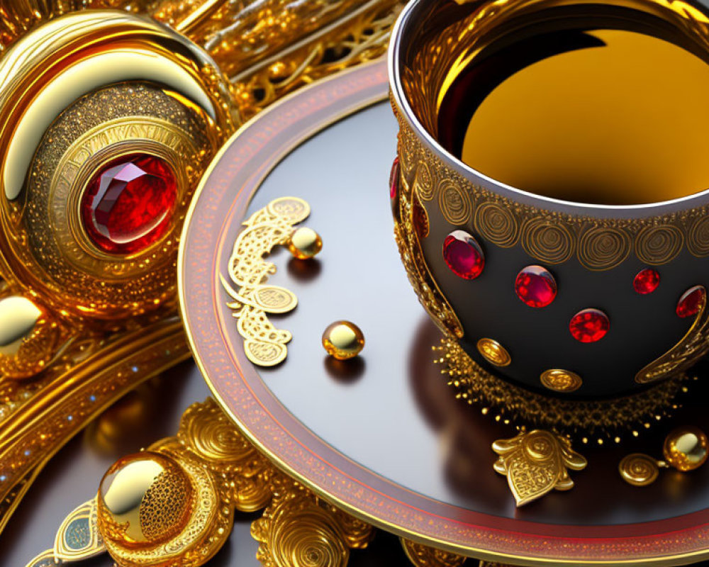 Luxurious Golden Cup and Saucer with Red Gems and Jewelry on Reflective Surface