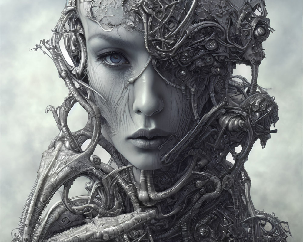Detailed close-up of woman in futuristic metallic headgear with intricate textures and single blue eye visible