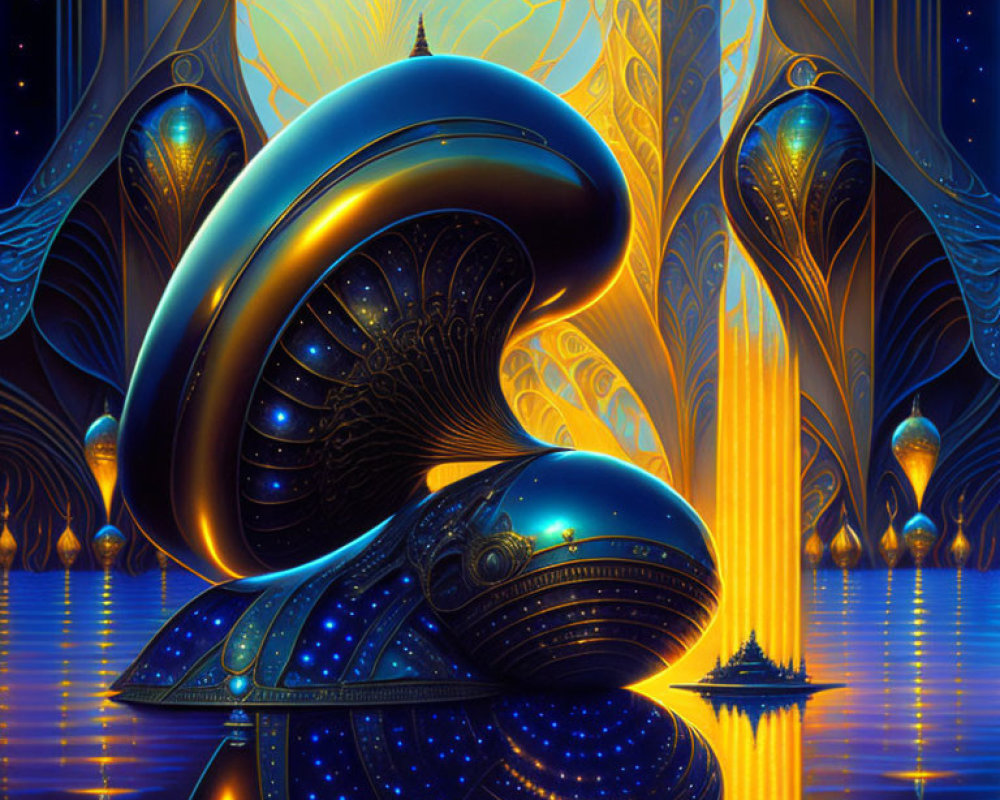Shimmering blue creature in golden fantasy world artwork