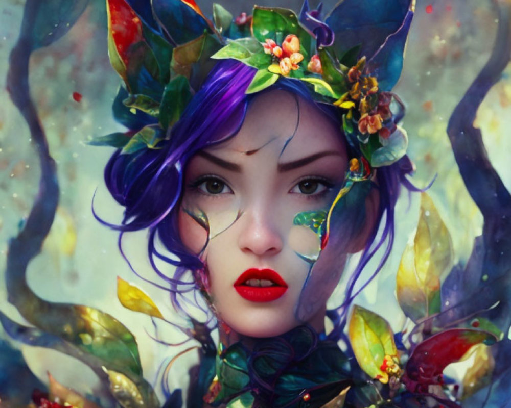 Portrait of woman with purple hair and floral crown in mystical setting