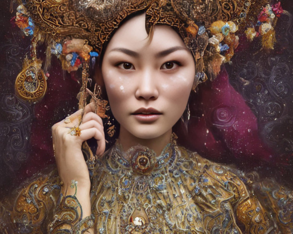 Woman with ornate golden headdress and intricate jewelry in cosmic setting gracefully touches temple.