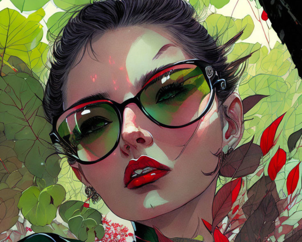 Stylish Woman with Large Glasses in Lush Greenery & Red Accents