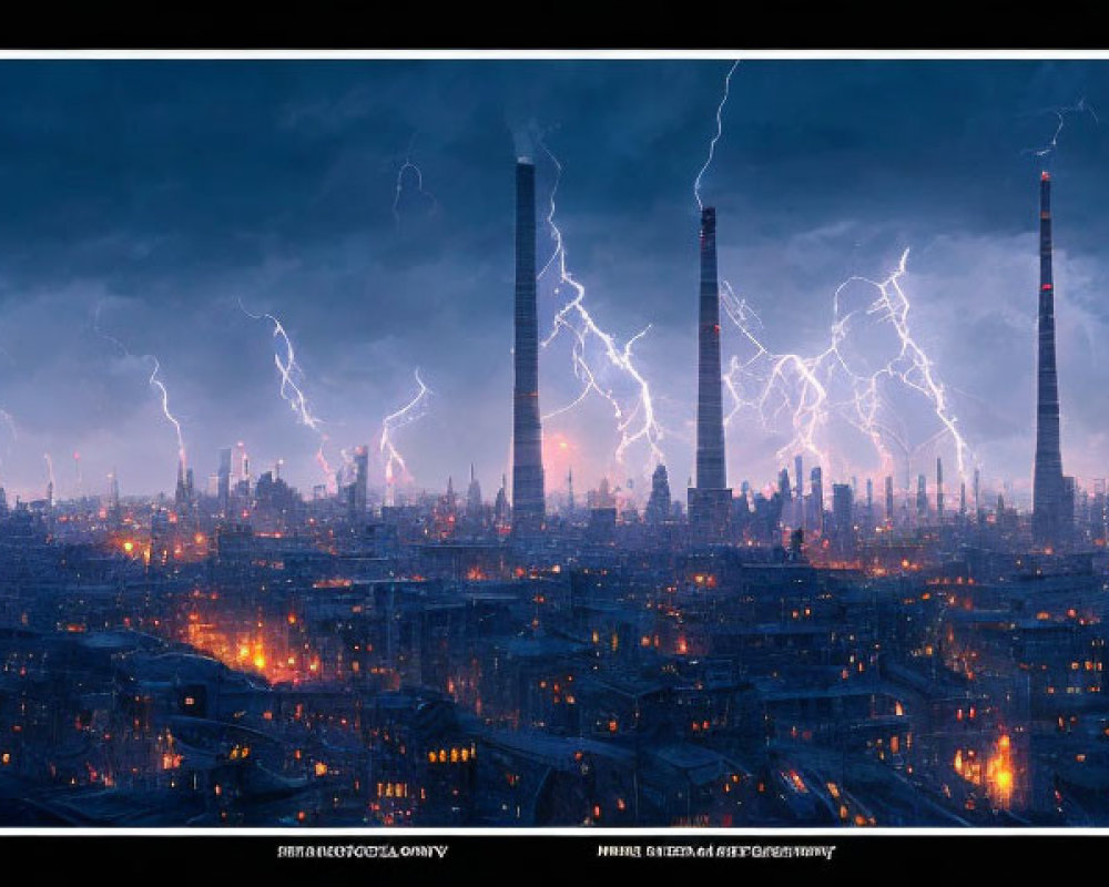 Industrial city skyline at dusk with lightning strikes, smokestacks, and fiery glows.