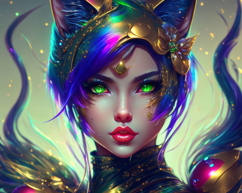 Fantasy character with cat-like features and vibrant blue and purple hair