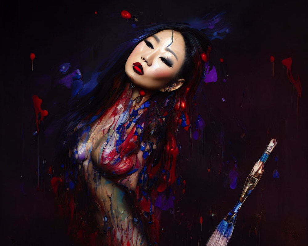 Woman with dramatic makeup and vivid paint splashes on dark background with paintbrush.