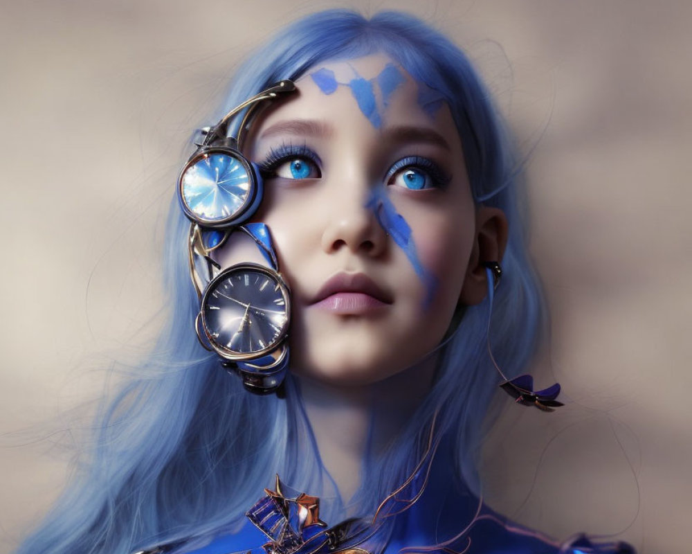 Surrealist portrait featuring person with blue hair and clock elements.