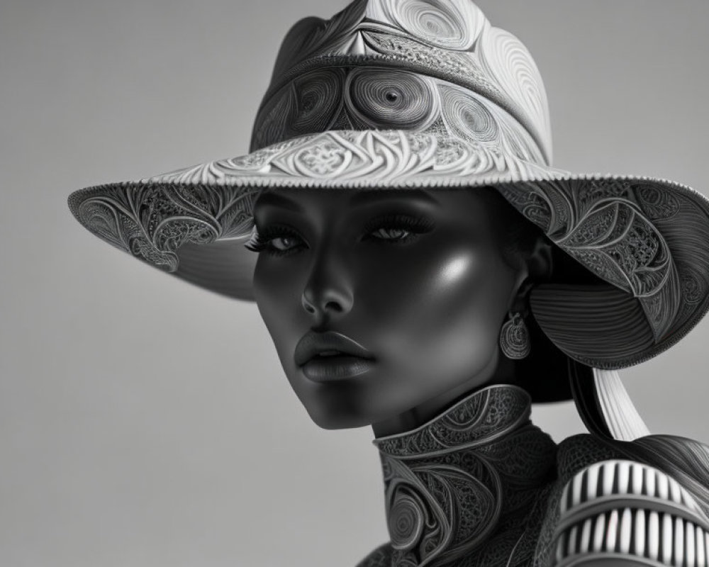 Monochrome image of stylized female figure with intricate patterns on hat and clothing