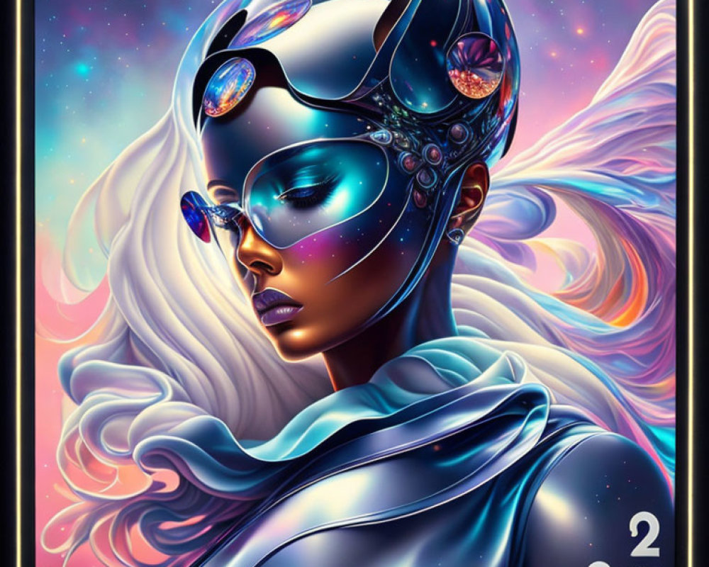 Stylized illustration of woman with ethereal wings and futuristic helmet