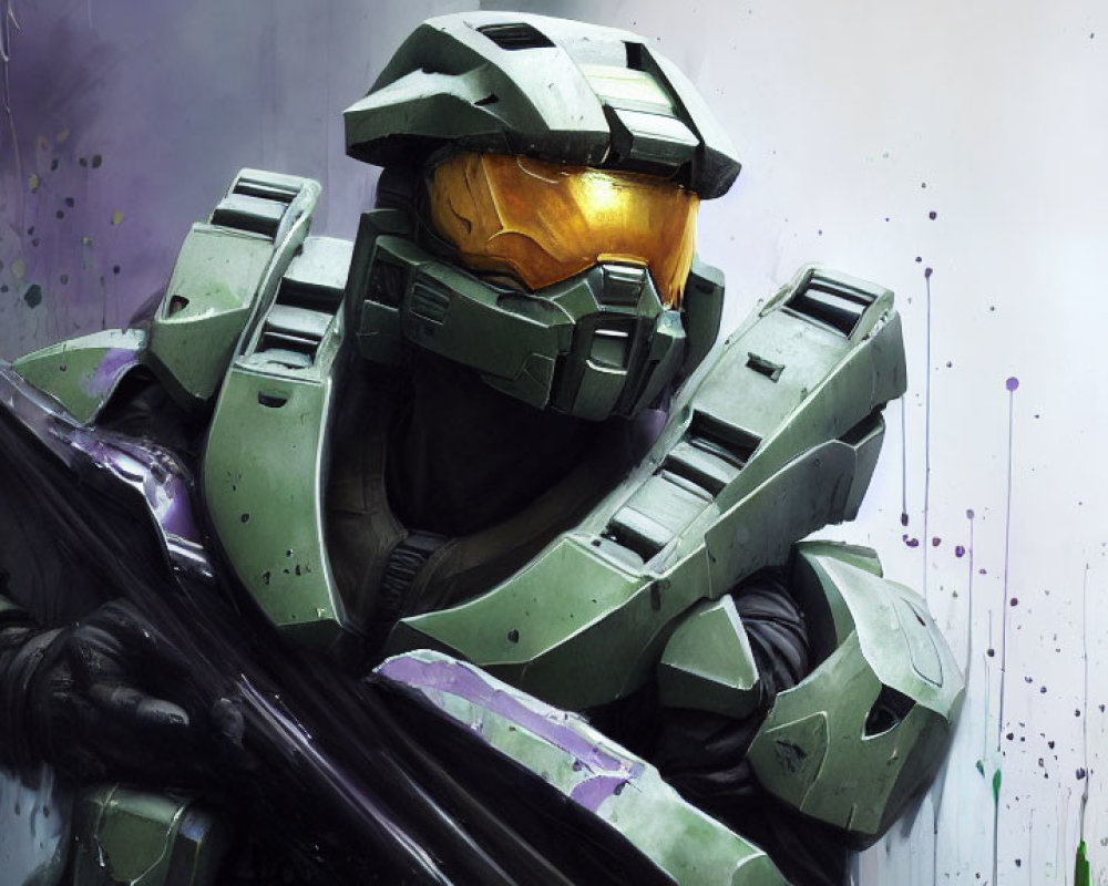 Futuristic soldier in green armor with gold visor on paint splattered backdrop