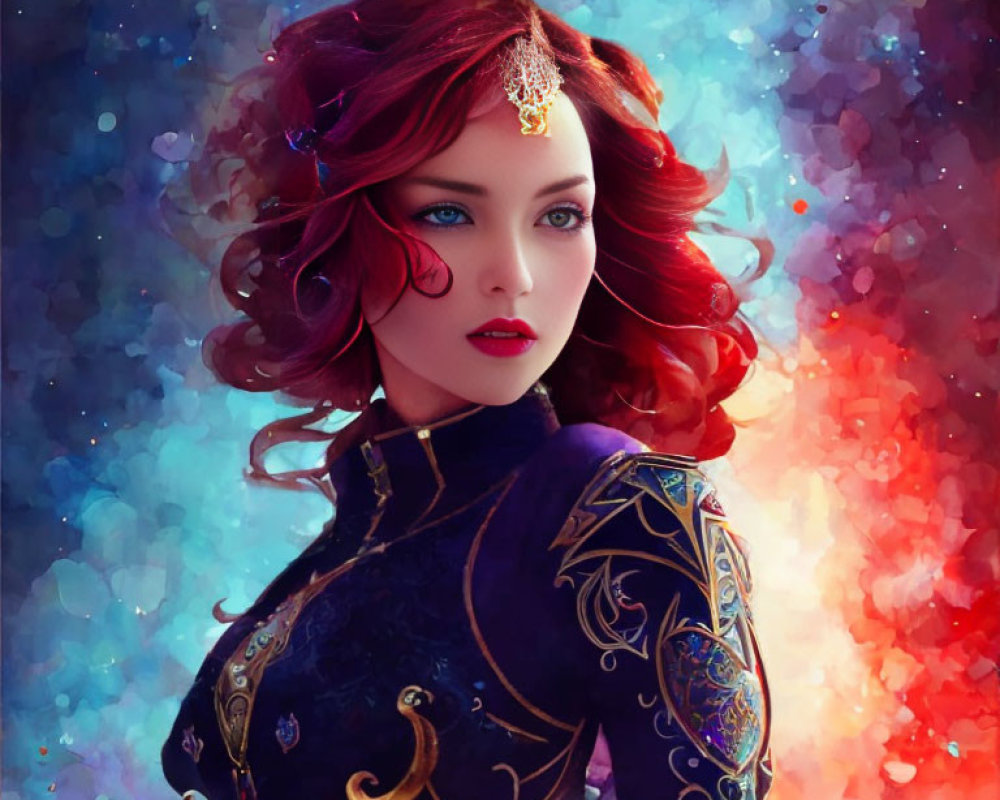 Woman with Red Curly Hair in Fantasy Outfit Against Colorful Background