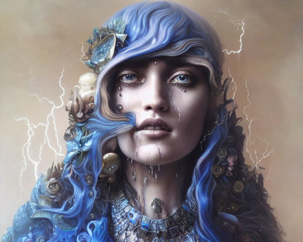 Fantasy portrait of woman with blue hair and tear-streaked cheeks in ethereal lightning