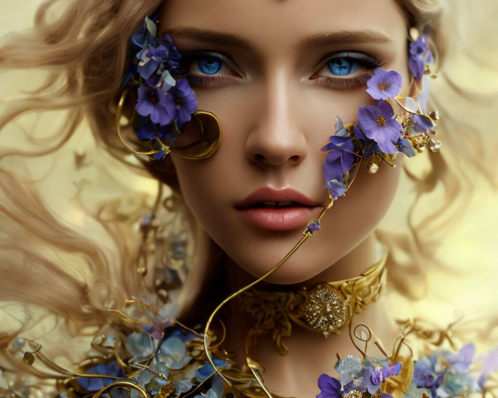 Woman with Blue Eyes, Golden Jewelry, and Blue Flowers in Hair