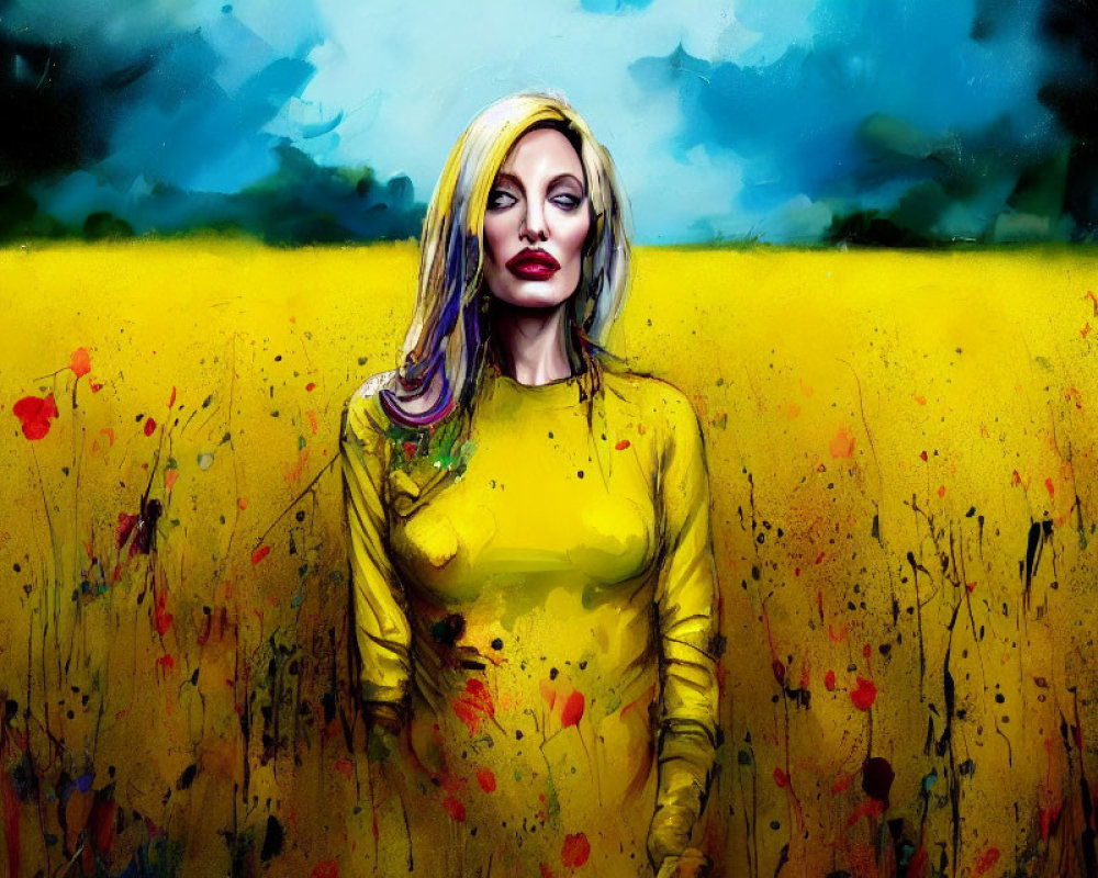 Blonde Woman in Yellow Dress Surrounded by Flowers