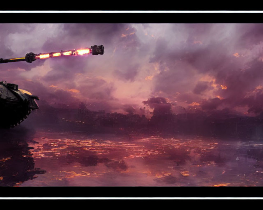 Tank with ablaze barrel in surreal fiery landscape under purple sky