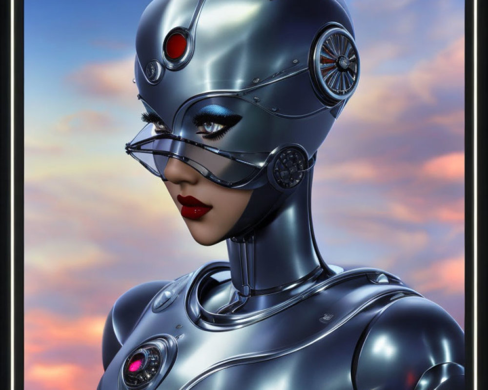 Female robot digital art: sleek silver plating, intricate mechanical details, sunset sky backdrop