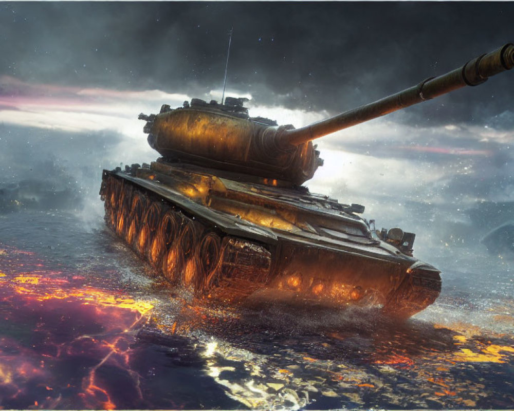 Armored tank navigating rugged, fiery landscape under dramatic sky