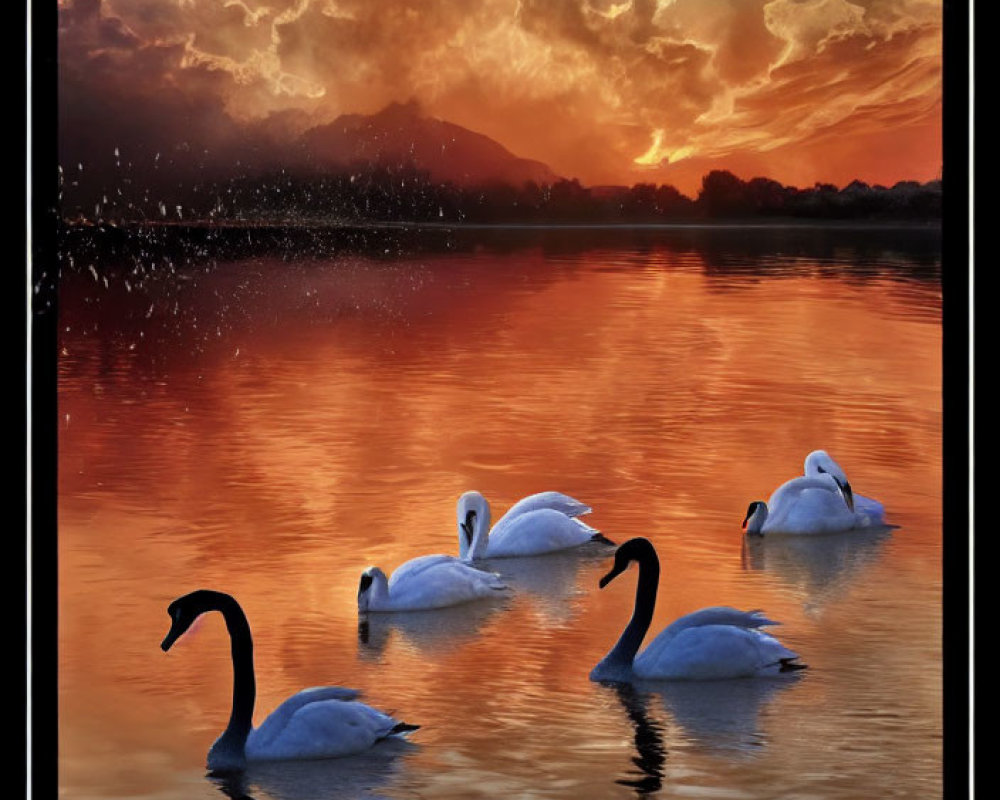 Tranquil Sunset Scene: Five Swans on Vibrant Lake