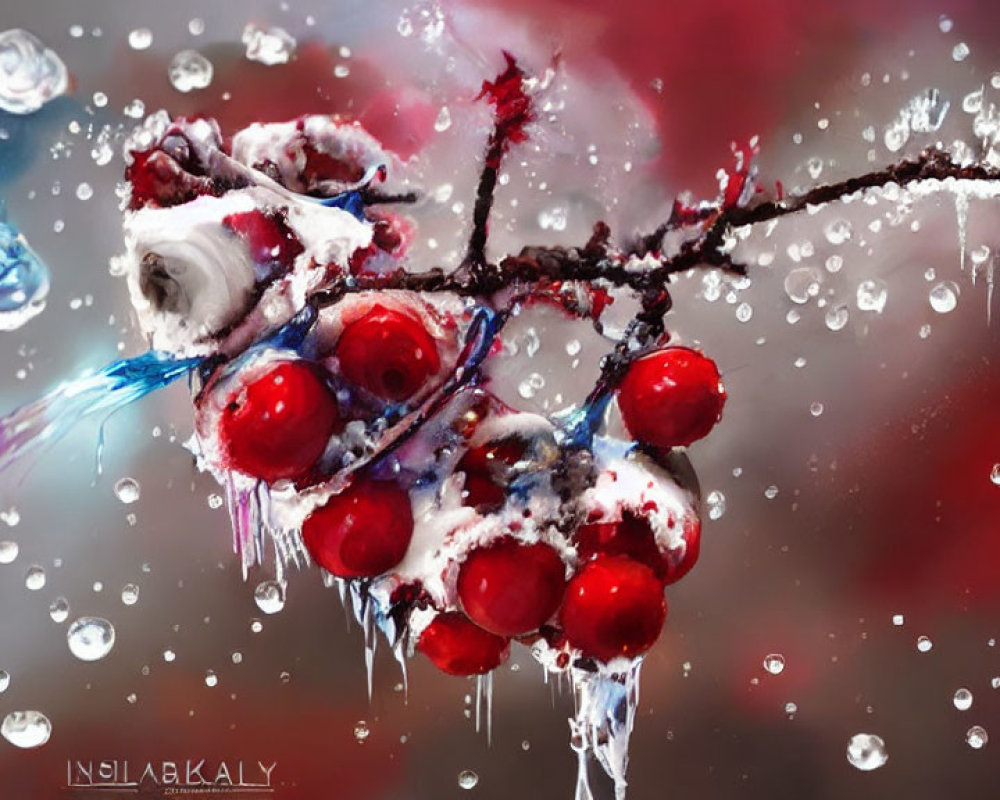 Vibrant red berries in snow with water droplets on red background