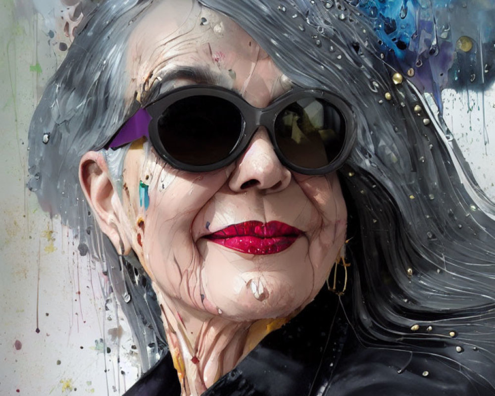 Elderly woman portrait with sunglasses and paint splatters