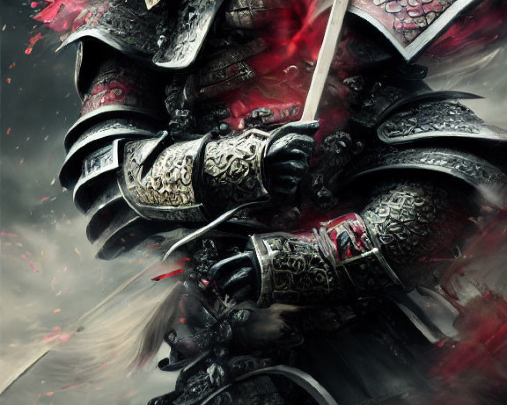 Armored knight with intricate designs and sword in red battle scene