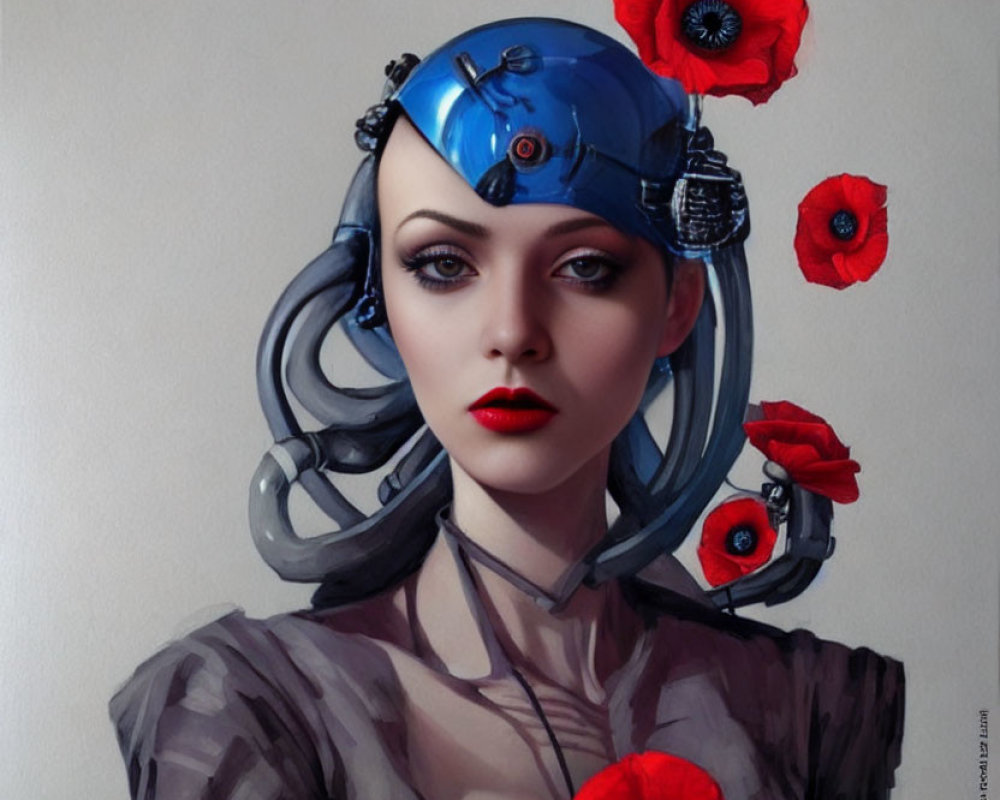 Futuristic digital art portrait of a woman with cybernetic enhancements and red poppies