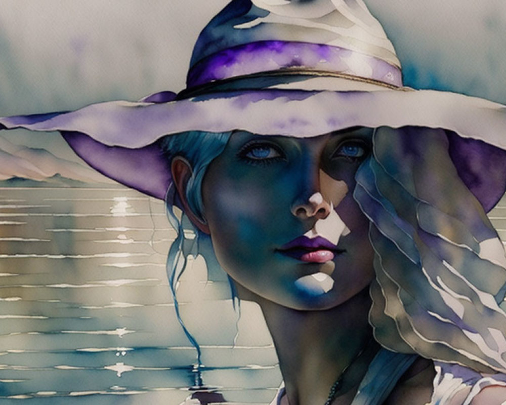 Blue-eyed woman in wide-brimmed hat: Watercolor portrait with water reflections