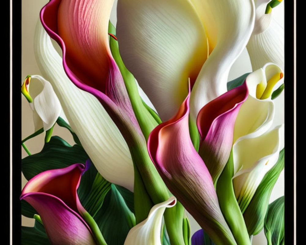 Colorful calla lilies and green leaves on dark background