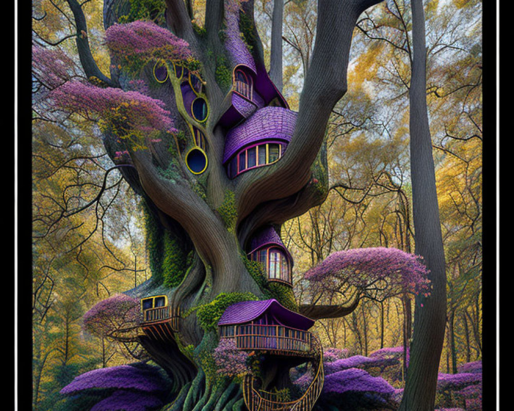 Enchanting multi-level treehouse in vibrant forest setting