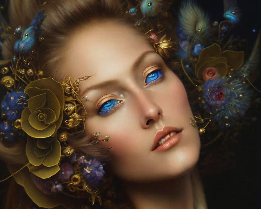 Woman portrait with golden floral adornments and blue birds, striking blue eyes.