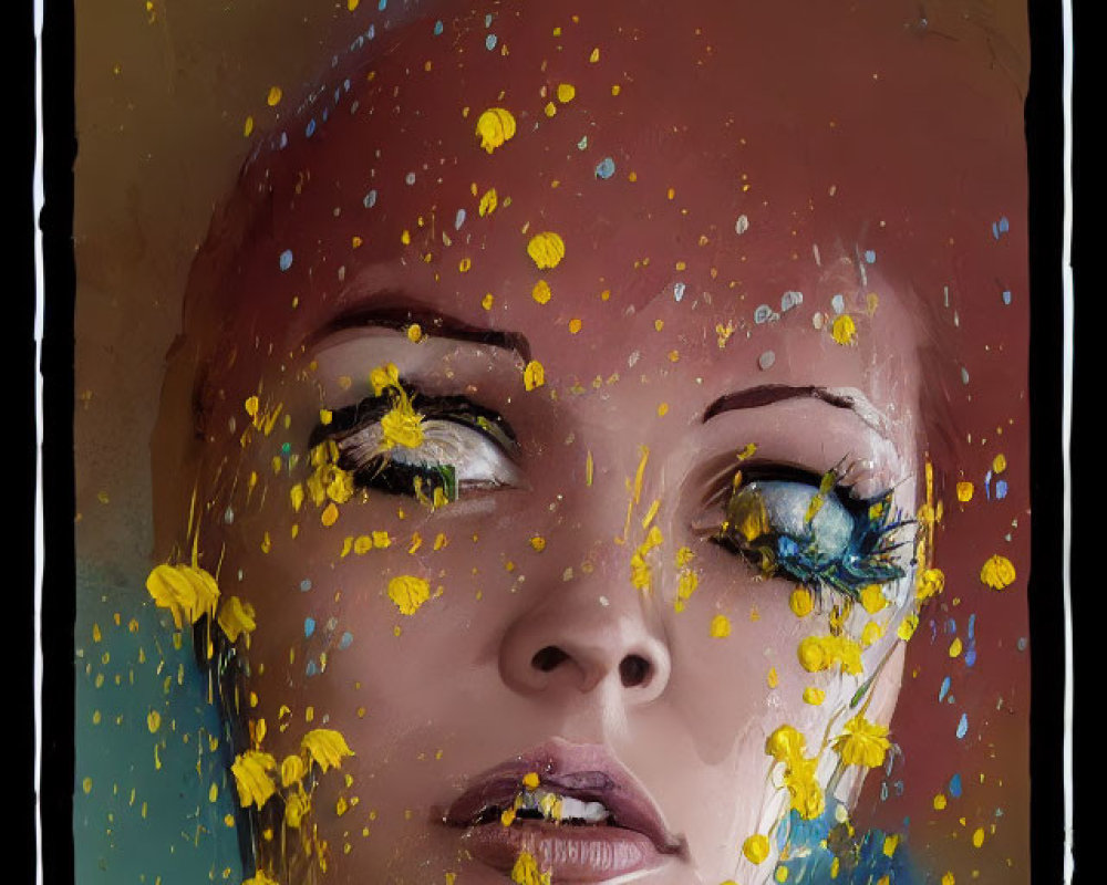 Abstract portrait of person with red hair and yellow splatters
