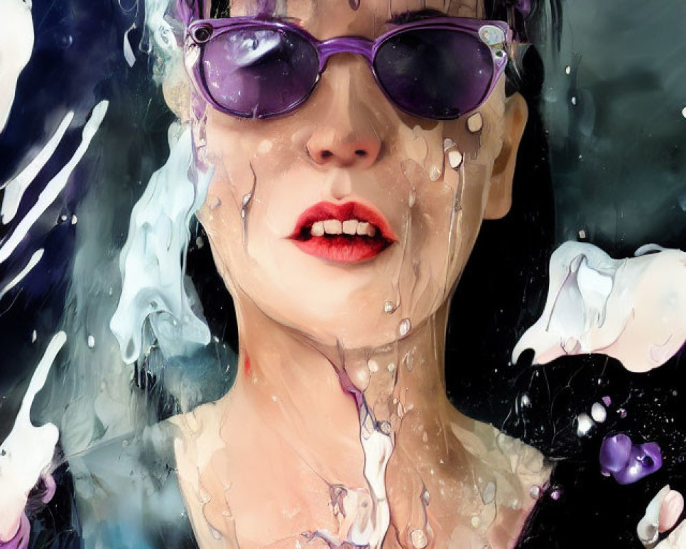 Woman in Purple Sunglasses with Water Streaming Down Face and Red Lips Behind Wet Glass