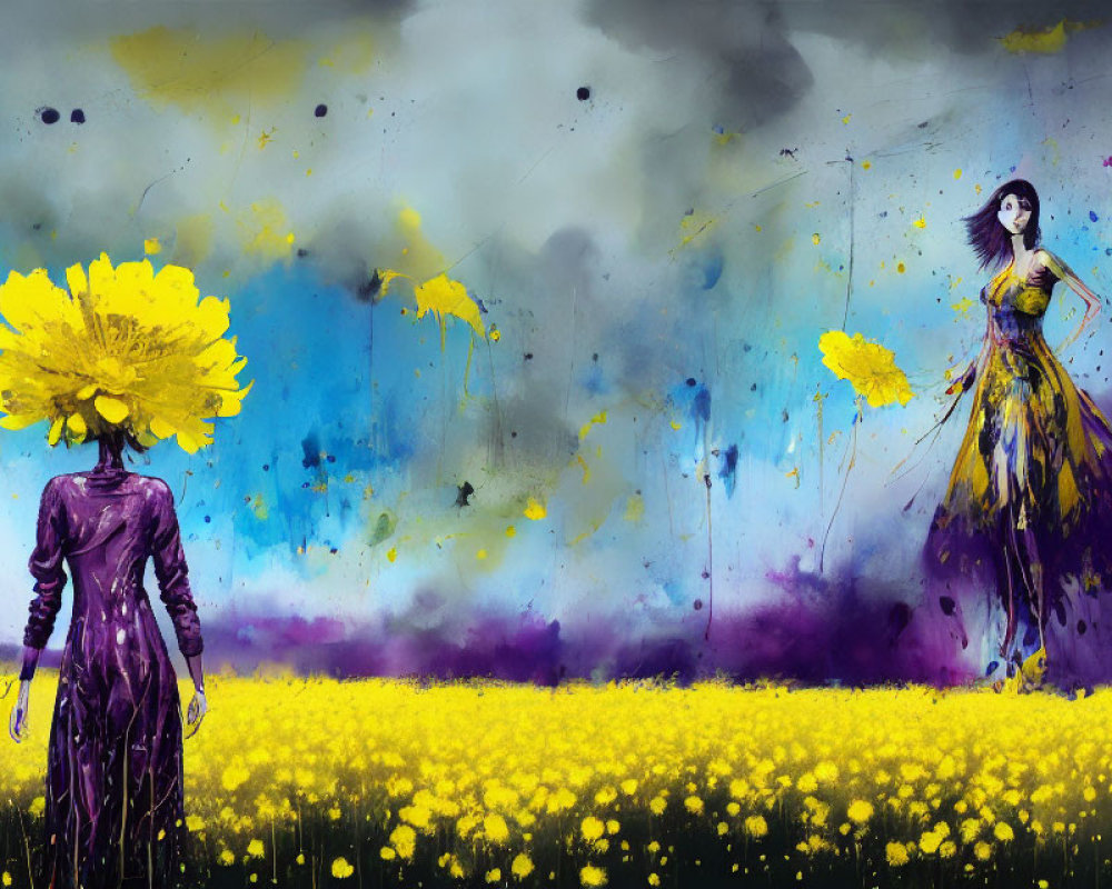 Digital artwork: Two women in yellow flower field with floral head, colorful paint splashes