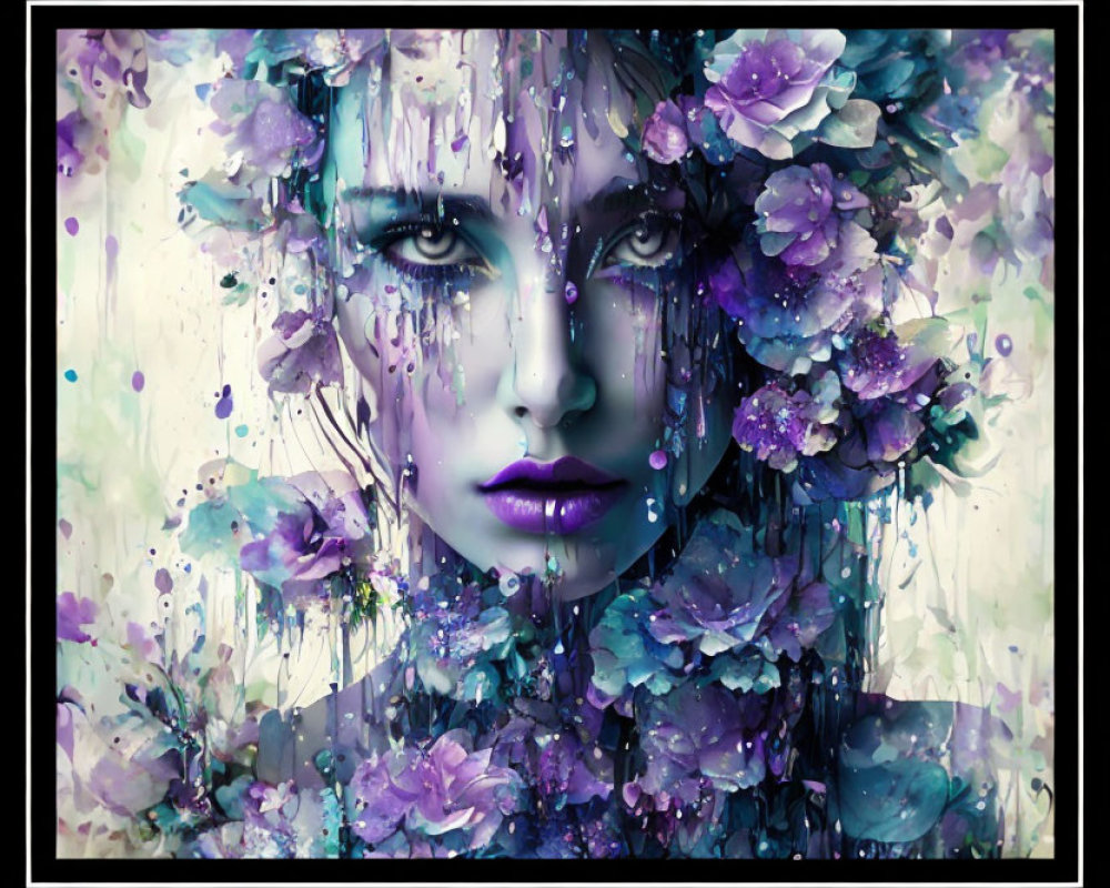 Woman's face merged with purple and blue hydrangeas in mystical watercolor.