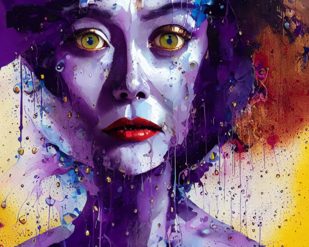 Colorful Abstract Painting of Woman's Face with Dripping Paint Details