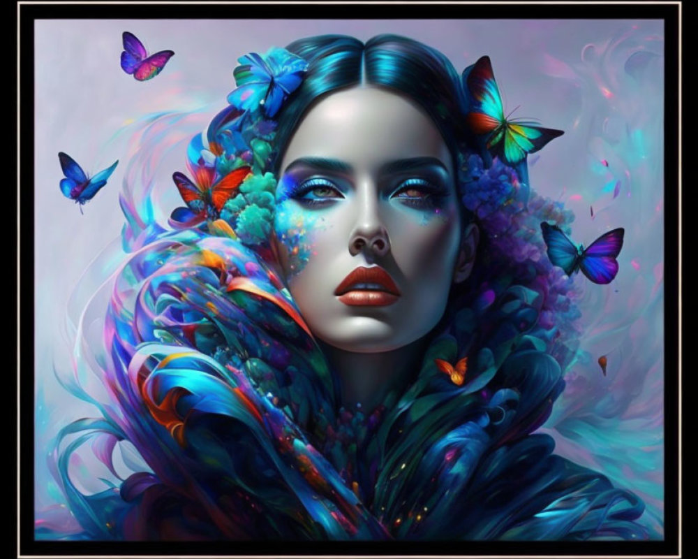 Portrait of woman with vibrant blue feathers and multicolored butterflies