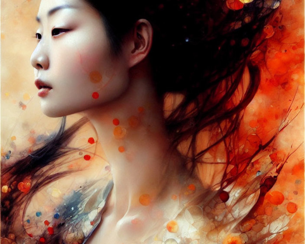 Ethereal portrait of a woman with warm colored bubbles and strokes