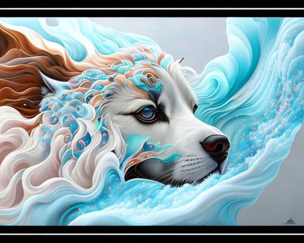 Colorful Abstract Artwork: Dog Integrated in Swirling Wave Motif
