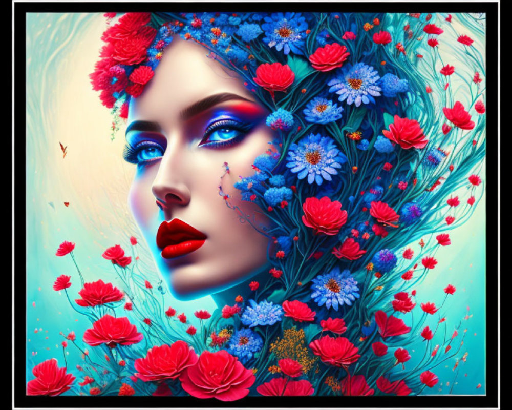Vibrant red and blue flower adorned woman's face digital art