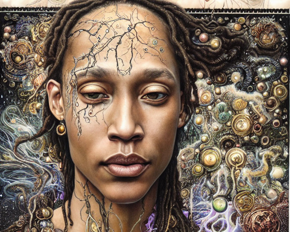 Surreal portrait of individual with braided hair and cosmic background