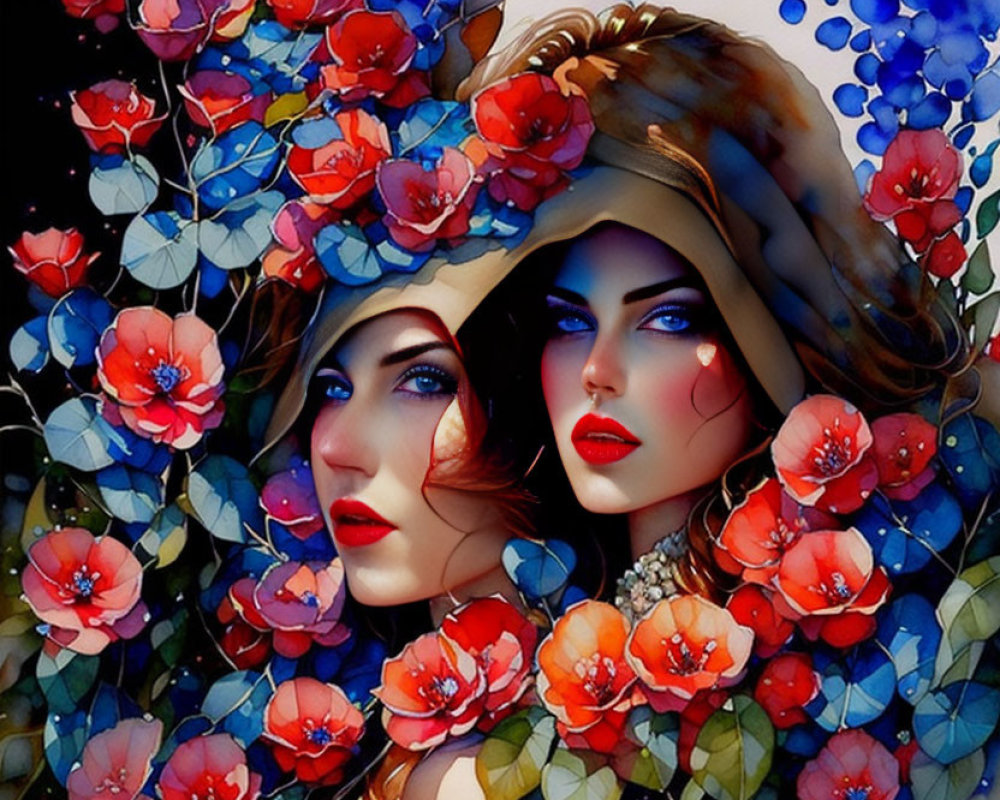 Digital artwork featuring two intense women surrounded by stylized flowers
