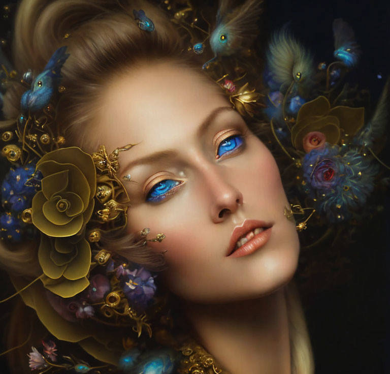 Woman portrait with golden floral adornments and blue birds, striking blue eyes.