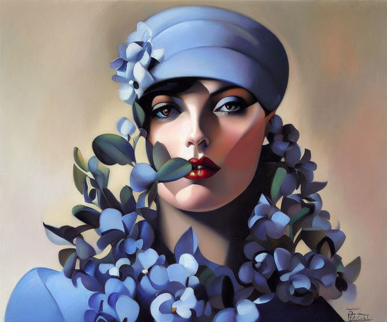Stylized portrait of woman in blue hat with red lips surrounded by flowers