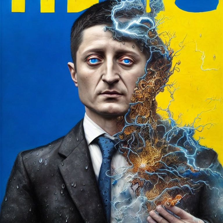 Hyperrealistic painting of man in suit with fiery energy form on face, blue and yellow background