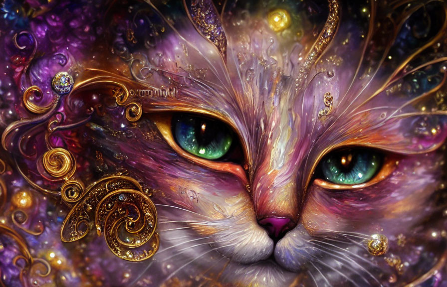 Vibrant cat with swirling patterns and green eyes on cosmic background