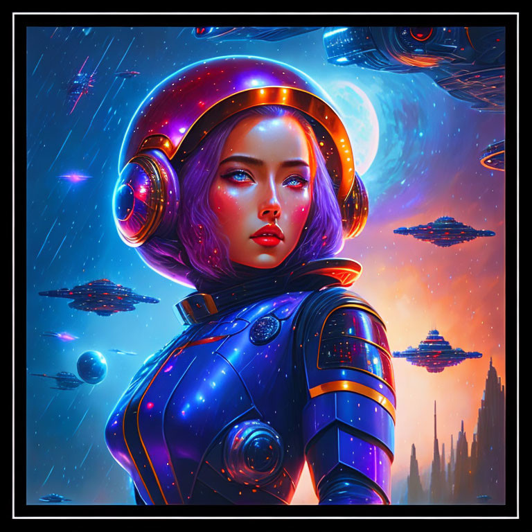 Female astronaut in futuristic suit with glowing helmet, surrounded by starships and distant planet