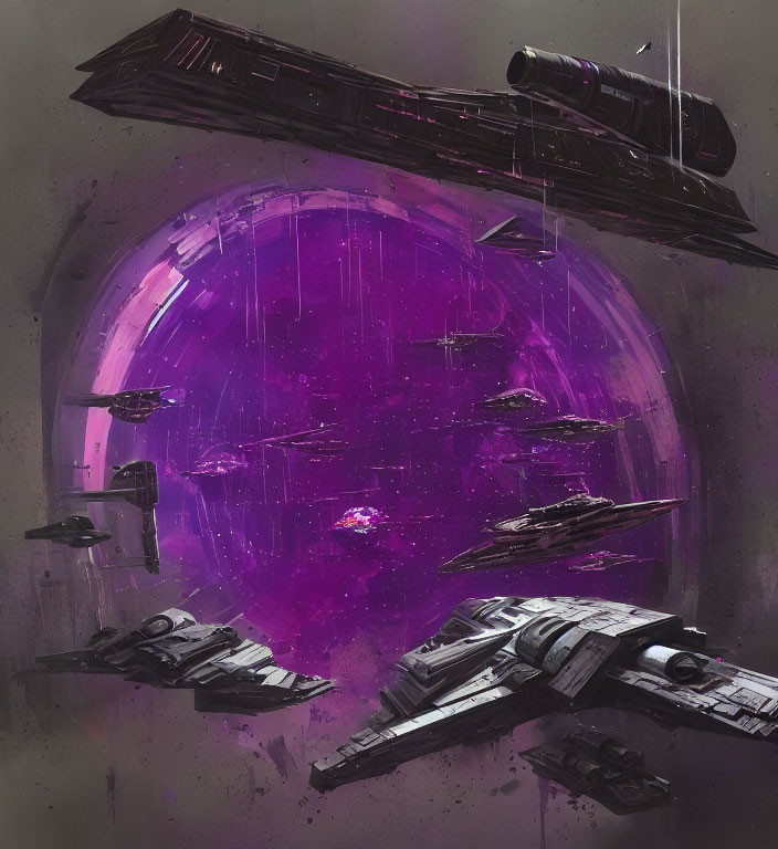 Futuristic spaceships near purple planetary shield in rain