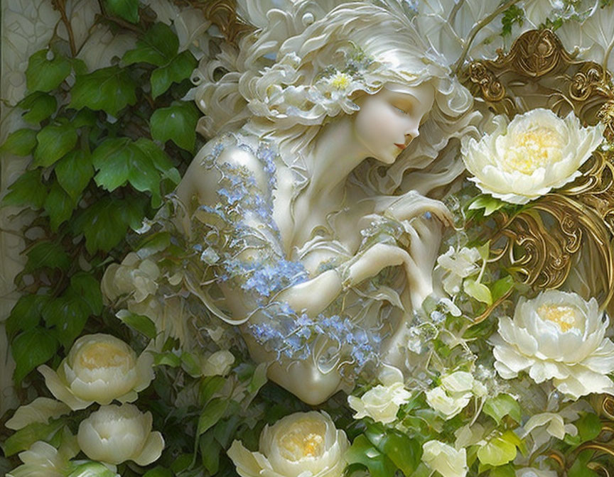 Fantasy Figure with Silver Hair in Floral Attire Among White Flowers