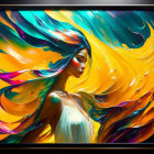 Colorful Stylized Woman with Swirling Hair and Flowers Art Displayed on Wall